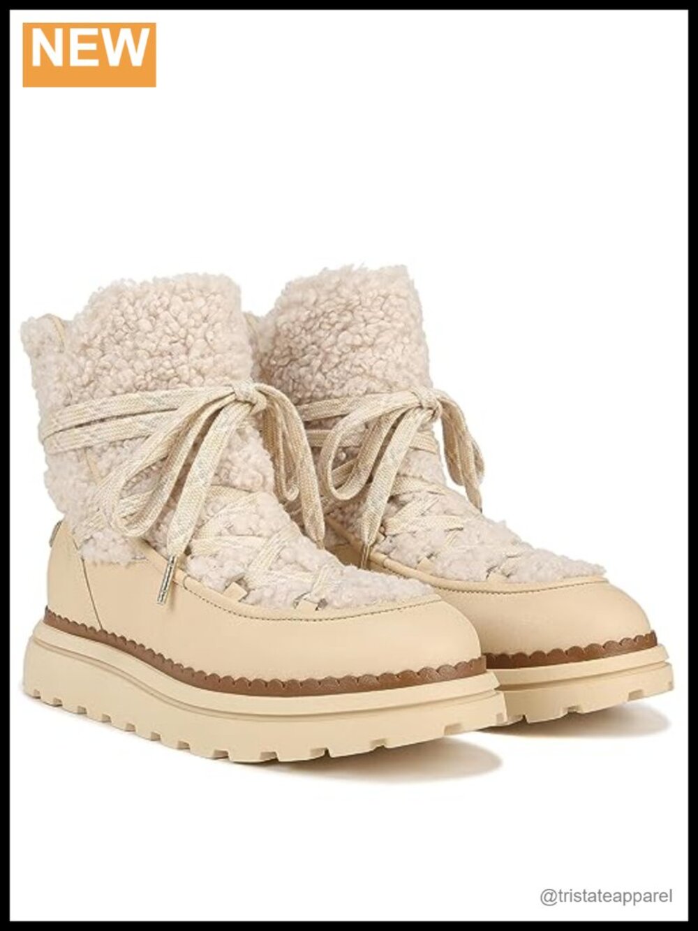 Lace Up Leather Shearling Ankle Bootie Faux Fur Trim Round Toe